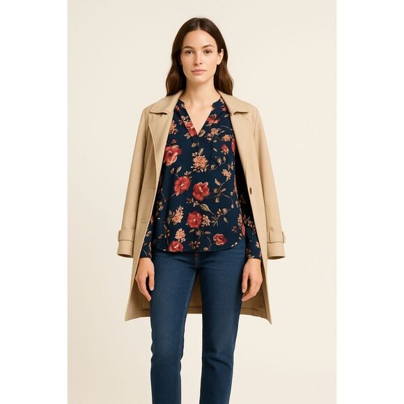 Lara Tops - Lara | Navy Floral Print V-Neck Long Sleeve Blouse Size M | EUC